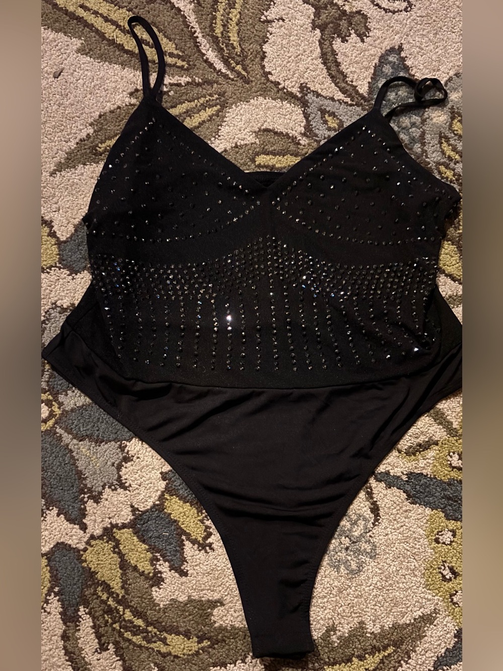 Black Rhinestone V-Neck Bodysuit